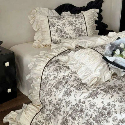 Elegant Beige Floral Ruffled Cotton Bedding Set – 4-Piece Duvet Cover, Sheet, and Pillowcases - Très Elite