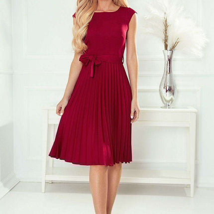 Elegant Beige Pleated Day Dress with Waist Belt - Très Elite