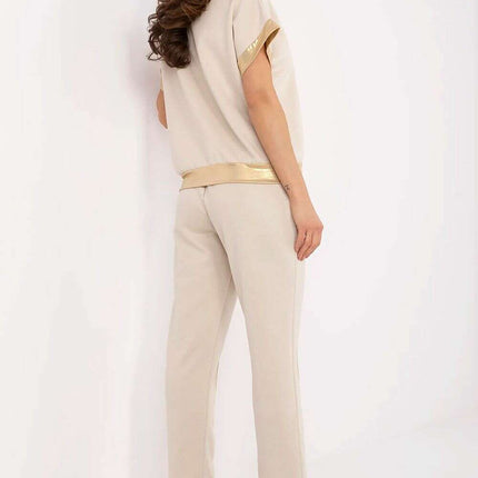 Elegant Beige Set With V Neck Blouse And High Waist Pants - Très Elite