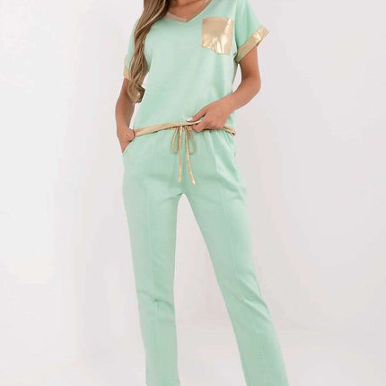 Elegant Beige Set With V Neck Blouse And High Waist Pants