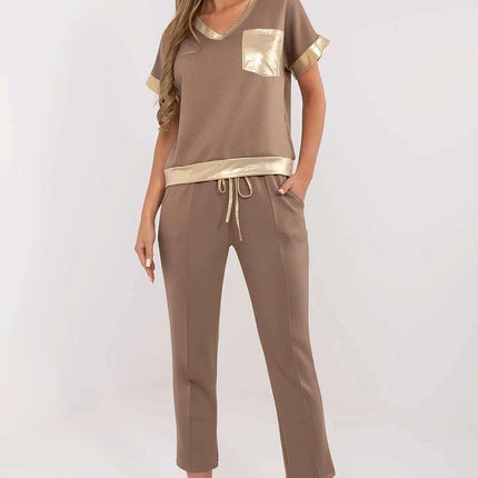 Elegant Beige Set With V Neck Blouse And High Waist Pants