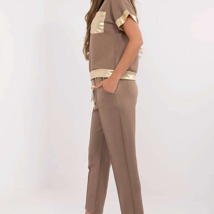 Elegant Beige Set With V Neck Blouse And High Waist Pants - Très Elite