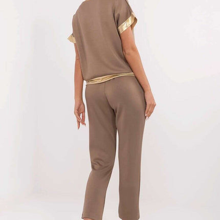 Elegant Beige Set With V Neck Blouse And High Waist Pants - Très Elite