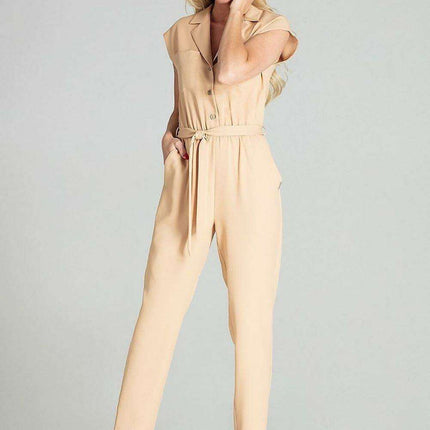 Elegant Beige Sleeveless Jumpsuit with Dropped Shoulders and Stylish Waist Belt - Très Elite