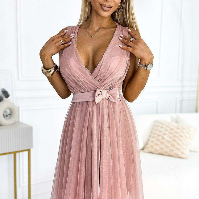 Elegant Beige Tulle Cocktail Dress with Satin Bow by Numoco