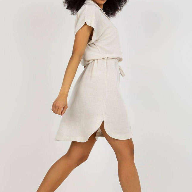 Elegant Belted Linen Midi Dress With Classic Collar
