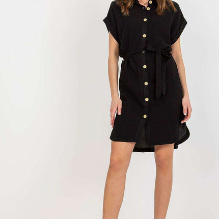 Elegant Belted Linen Midi Dress With Classic Collar