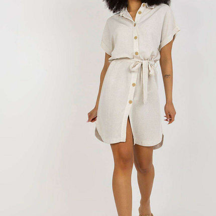 Elegant Belted Linen Midi Dress With Classic Collar