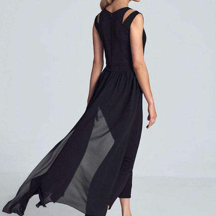 Elegant Black Chiffon Jumpsuit with Chic Shoulder Detail - Très Elite