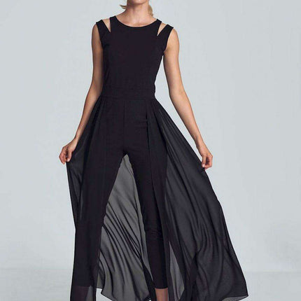 Elegant Black Chiffon Jumpsuit with Chic Shoulder Detail - Très Elite