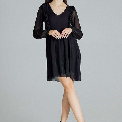 Elegant Black Chiffon Midi Dress with Feminine Ruffled Sleeves - Très Elite