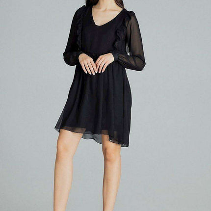Elegant Black Chiffon Midi Dress with Feminine Ruffled Sleeves - Très Elite