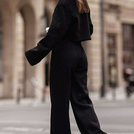 Elegant Black Crop Top with Breezy Wide-Leg Trousers Set - Très Elite