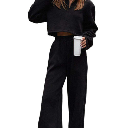 Elegant Black Crop Top with Breezy Wide-Leg Trousers Set - Très Elite
