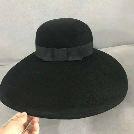Elegant Black Felt Wide Brim Floppy Hat with Satin Ribbon - Perfect for Winter Celebrations and Chic Events - Très Elite