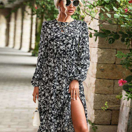 Elegant Black Floral Dress with Long Sleeves: Versatile Style for All Seasons - Très Elite