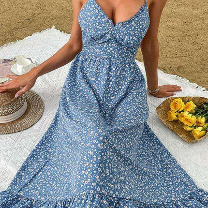 Elegant Black Floral Summer Dress with V-Neck and Sleeveless Design - Très Elite