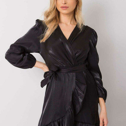 Elegant Black Frill Evening Dress With Waist Tie One Size - Très Elite