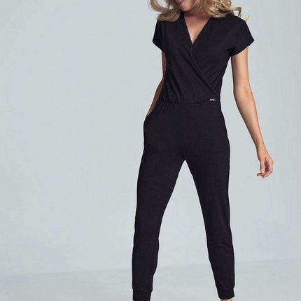 Elegant Black Jumpsuit with Trendy Envelope Neckline and Relaxed Elastic Waist - Très Elite
