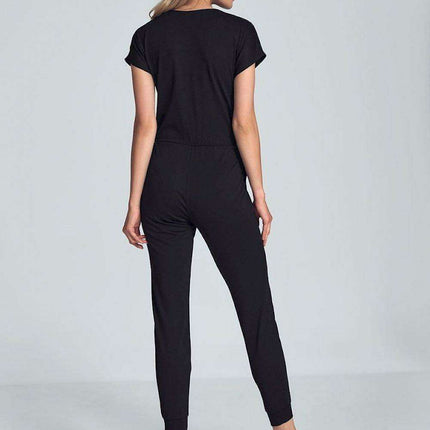Elegant Black Jumpsuit with Trendy Envelope Neckline and Relaxed Elastic Waist - Très Elite