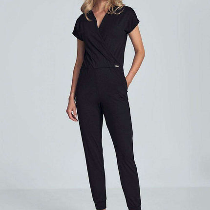 Elegant Black Jumpsuit with Trendy Envelope Neckline and Relaxed Elastic Waist - Très Elite