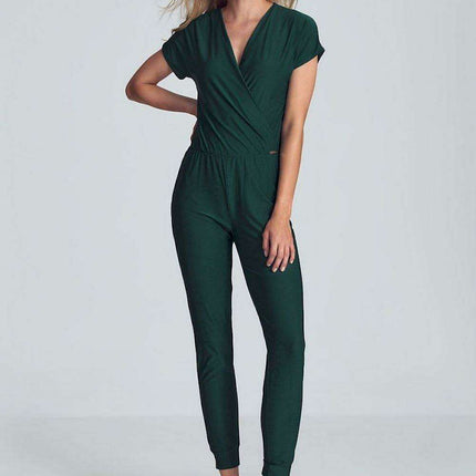 Elegant Black Jumpsuit with Trendy Envelope Neckline and Relaxed Elastic Waist - Très Elite