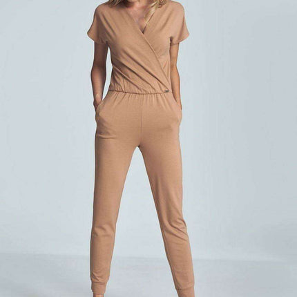 Elegant Black Jumpsuit with Trendy Envelope Neckline and Relaxed Elastic Waist - Très Elite