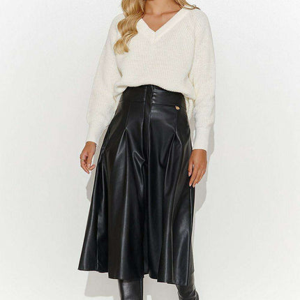 Elegant Black Leather Midi Skirt with Gold Accents