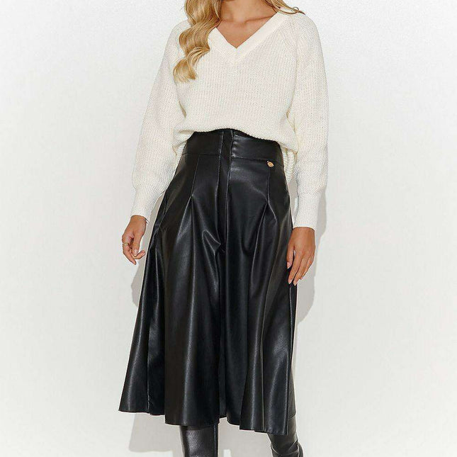 Elegant Black Leather Midi Skirt with Gold Accents