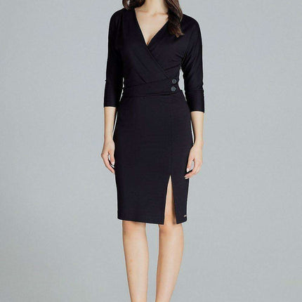 Elegant Black Midi Dress with Kimono Sleeves and Playful Front Slit - Très Elite