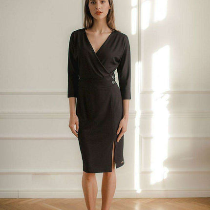 Elegant Black Midi Dress with Kimono Sleeves and Playful Front Slit - Très Elite