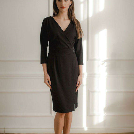 Elegant Black Midi Dress with Kimono Sleeves and Playful Front Slit - Très Elite