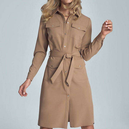 Elegant Black Midi Shirt Dress with Belt and Practical Pockets for Women - Très Elite