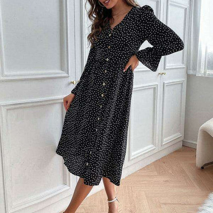 Elegant Black Polka Dot A-line Dress with Princess Sleeves for Autumn Fashion - Très Elite