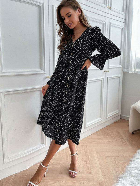 Elegant Black Polka Dot A-line Dress with Princess Sleeves for Autumn Fashion