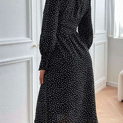 Elegant Black Polka Dot A-line Dress with Princess Sleeves for Autumn Fashion - Très Elite