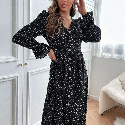 Elegant Black Polka Dot A-line Dress with Princess Sleeves for Autumn Fashion - Très Elite