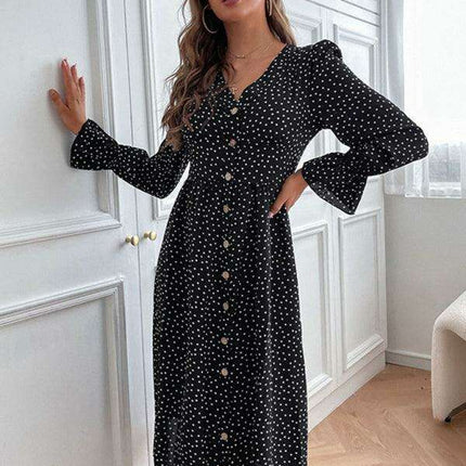 Elegant Black Polka Dot A-line Dress with Princess Sleeves for Autumn Fashion - Très Elite