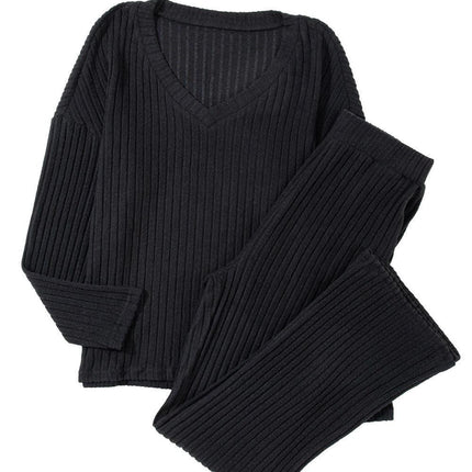 Elegant Black Ribbed V-Neck Lounge Set - Très Elite