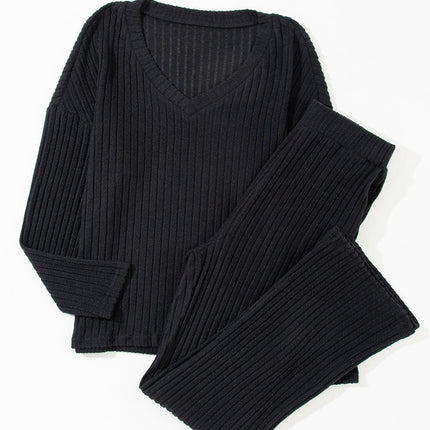 Elegant Black Ribbed V-Neck Lounge Set - Très Elite