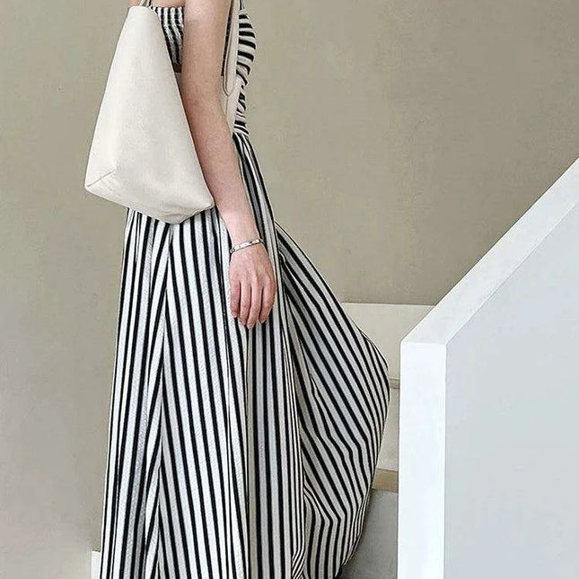 Elegant Black Striped Pleated Sleeveless Long Strap Dress for Women - Spring/Summer 2024 Fashion