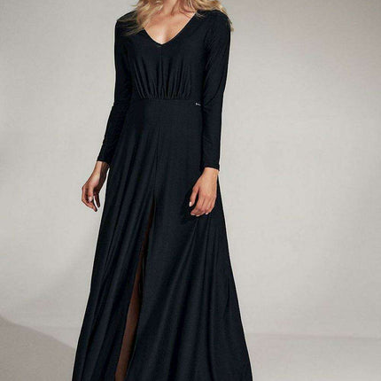 Elegant Black V-Neck Flared Dress with Stylish Slit - Très Elite