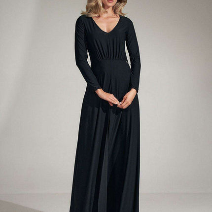 Elegant Black V-Neck Flared Dress with Stylish Slit - Très Elite