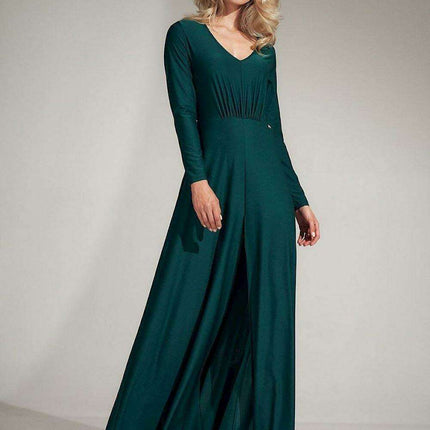 Elegant Black V-Neck Flared Dress with Stylish Slit - Très Elite