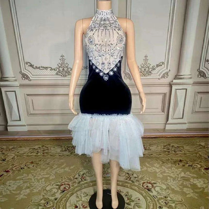 Elegant Black Velour Backless Halter Dress with Sparkling Crystal Details - Très Elite