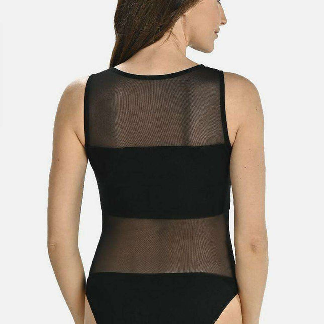 Elegant Black Viscose Bodysuit with Mesh Accents