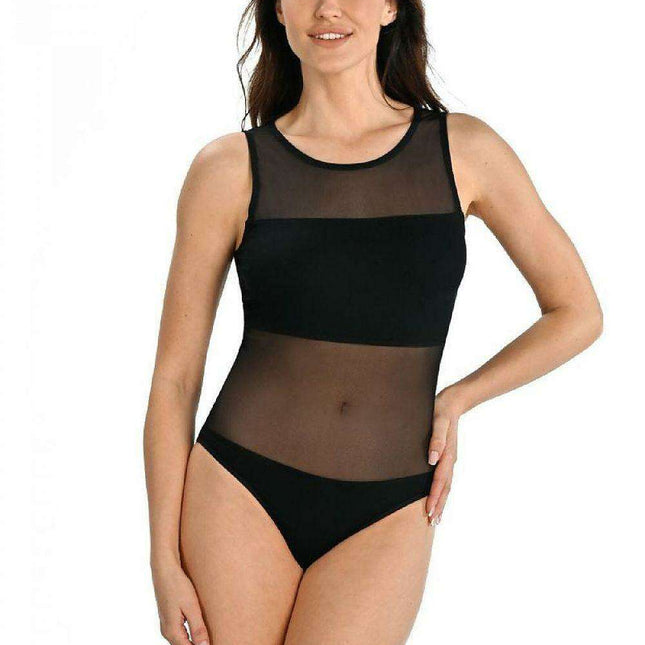 Elegant Black Viscose Bodysuit with Mesh Accents