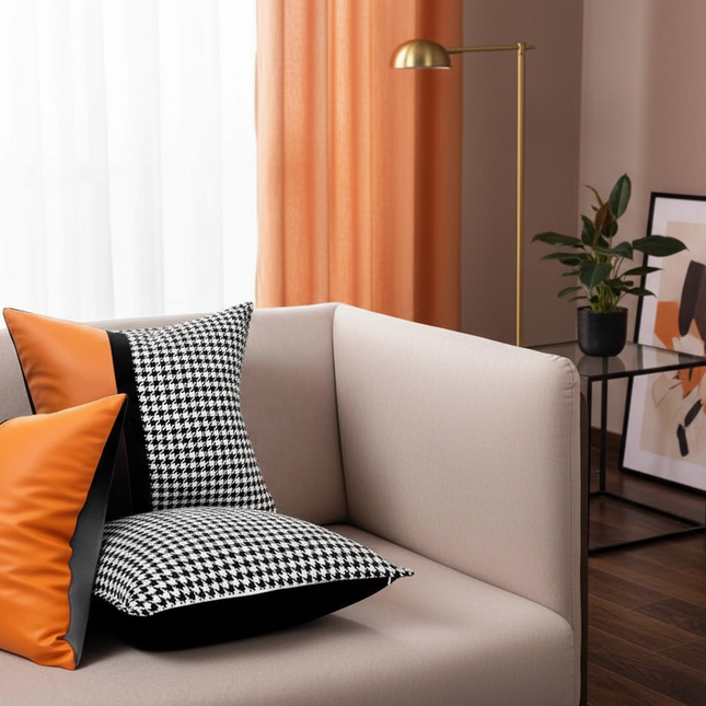 Elegant Black & White Grid Cushion Cover with Vibrant Orange Accent - Très Elite