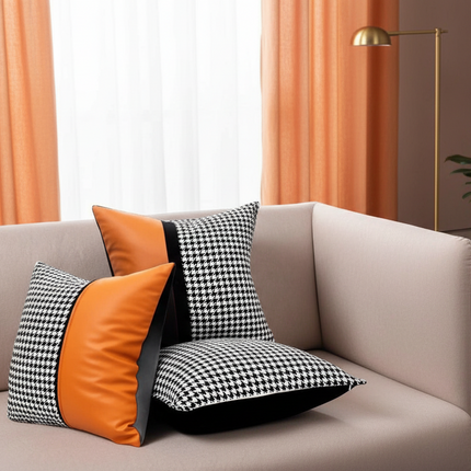 Elegant Black & White Grid Cushion Cover with Vibrant Orange Accent - Très Elite
