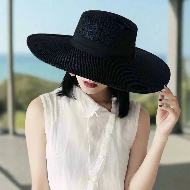 Elegant Black Wide Brim Flat Top Straw Hat for Women - Summer Sunshade Vacation Beach Accessory with French Retro Style